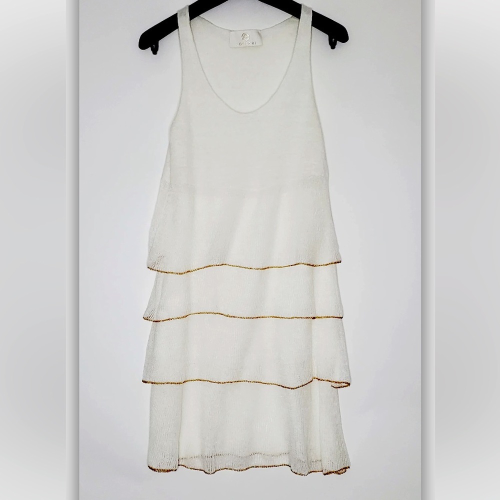 Dress Socapri , white/knit, 94%linen,ruffles with gold thread finish knee length